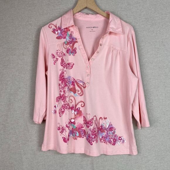 Fashion Bug Tops - Vintage Fashion Bug Womens Henley Size XL Pink Butterfly Graphic Print Fairy Y2K